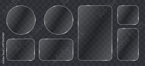 Set of glassmorphism frames, transparent glass plates with rounded corners and circular shapes, frosted glass effect ui elements for web design