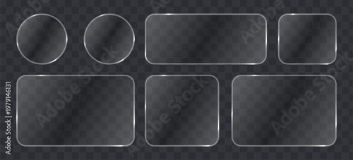 Set of glassmorphism style frames, frosted glass plates with rounded corners, transparent ui elements, glossy banners for web design, vector illustration