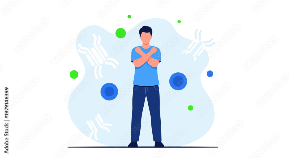 Fototapeta premium Man crossing arms, immune system defense, antibodies, health, protection, medical concept