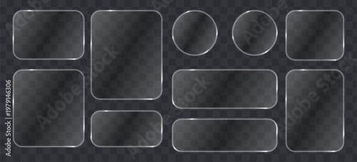 Set of glassmorphism style frames, transparent glass plates with glossy edges, frosted acrylic ui elements, vector ui design elements for web and app