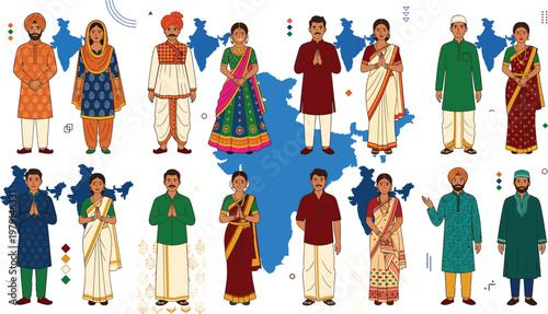 Indian People Characters Collection with Traditional Ethnic Clothing Diverse Men and Women Cultural Attire with Map Background Flat Vector Illustration Set