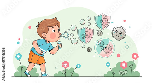 Child blowing bubbles with protective shields against viruses, concept of immunity and health