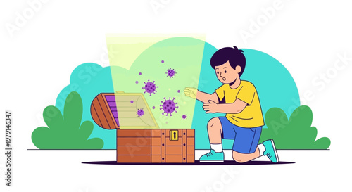 Child Discovering Coronavirus Particles Emerging from an Open Treasure Chest