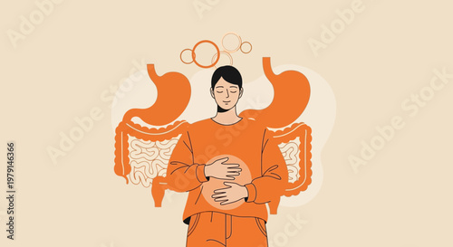 Digestive System Health Concept: Person Meditating with Stomach and Intestines Illustration