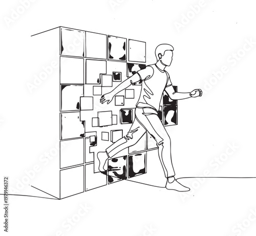 Conceptual illustration An individual breaking through a fragmented digital barrier, symbolizing innovation, breakthrough, embracing change, and seizing new opportunities