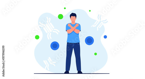 Man crossing arms, immune system defense, antibodies, health, protection, medical concept