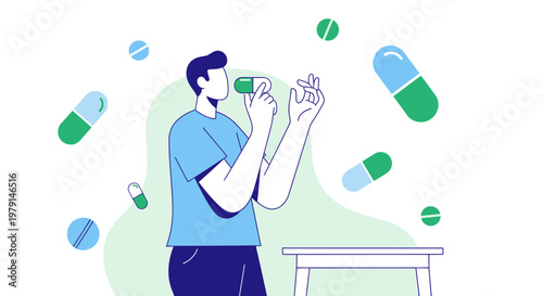 Man holding a pill, surrounded by floating capsules and tablets, representing medication and health.