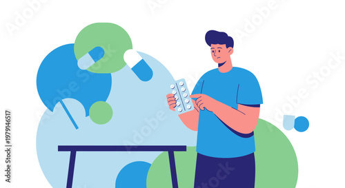 Man holding medicine blister pack, surrounded by pills and abstract shapes