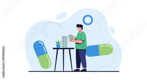 Man holding medicine pills, large capsules and plant on table, healthcare concept