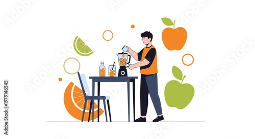 Man making fresh fruit juice with blender, surrounded by apples, oranges, and lime slices.