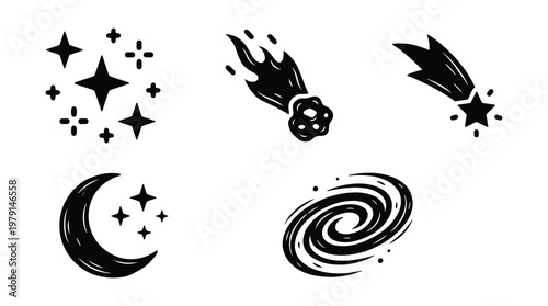 Cosmic space icons with stars comet galaxy and crescent moon symbols.