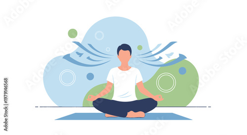 Man Meditating in Lotus Pose, Peaceful Mind, Breathing Exercise, Calmness, Yoga Mat