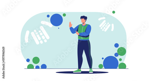 Man practicing Tai Chi, mindful movement, balance, and inner peace with floating orbs