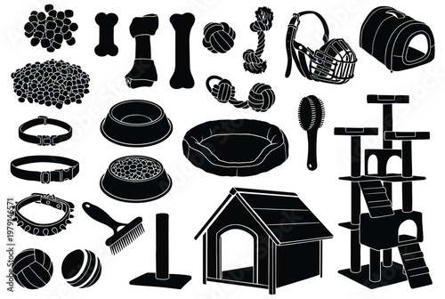 Set of pet supply silhouettes including dog house cat tree and food.