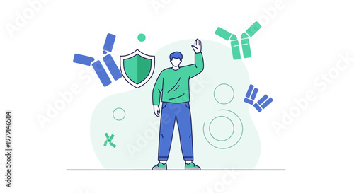 Man protected by antibodies and shield, immune system concept, medical illustration