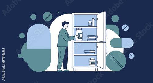 Man Organizing Medicine Cabinet with Pills and Supplements