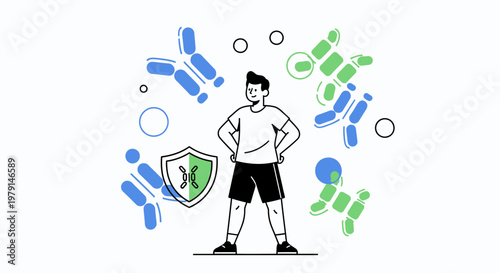 Man Protected by Antibodies, Immune System Defense, Health and Wellness Concept