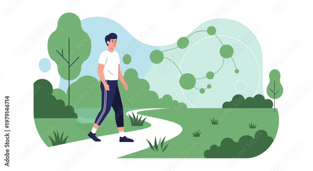 Obraz premium Man walking in park with abstract molecular structure symbolizing health and science