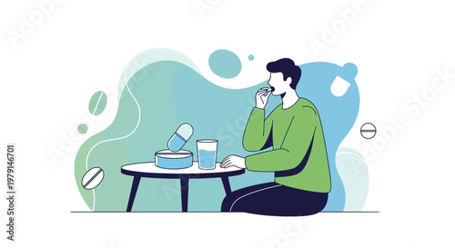 Man taking pills with water, health, medicine, and wellness concept