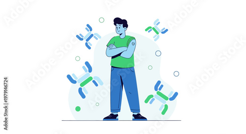 Man with arms crossed, surrounded by abstract biological cells, vaccination concept