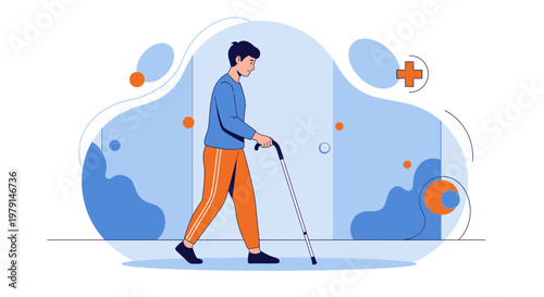 Man with cane walking, healthcare concept, abstract background, medical symbols