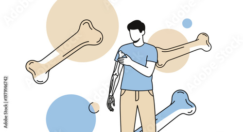 Man with prosthetic arm surrounded by bone illustrations, symbolizing medical innovation and recovery