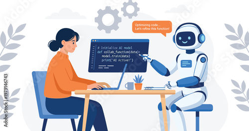 Artificial intelligence coding assistant helping developer with programming code machine learning collaboration modern technology illustration.eps