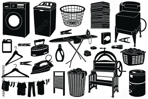 Laundry equipment silhouettes from vintage washboards to modern tools.