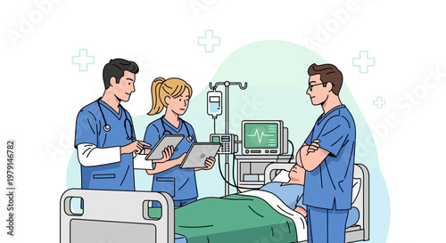 Medical Team Caring for Patient in Hospital Room with Monitoring Equipment