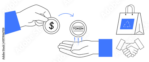 Cryptocurrency, eco-commerce, blockchain, sustainability, financial trade, recycling. A hand exchanges a dollar coin for a token, handshake and bag with recycle symbol. Cryptocurrency