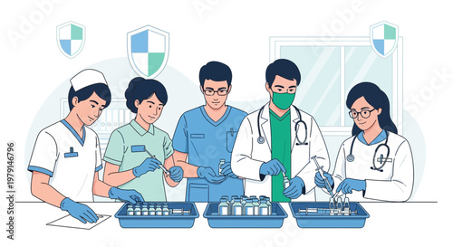 Medical Team Preparing Vaccines for Injection, Healthcare Professionals Working Together