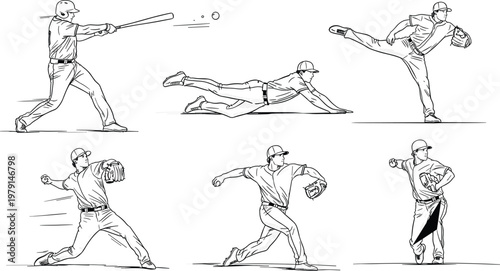 Baseball players action poses set including pitching batting catching and diving representing sports gameplay athletic performance and training illustration.eps
