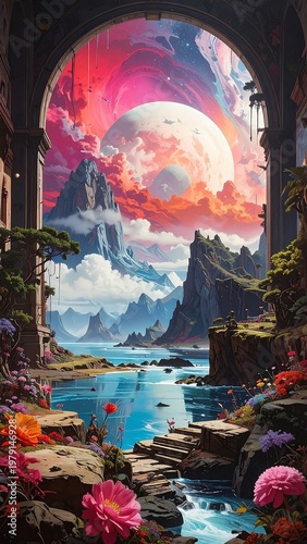 A serene fantasy landscape with a large moon and colorful sky