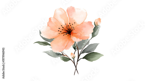 A watercolor painting of a flower with green leaves