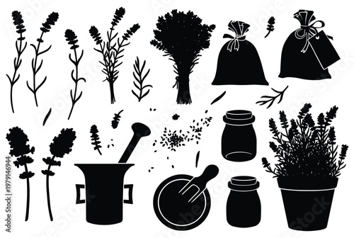 Lavender harvest silhouette set with floral bunches jars and mortar pestle.