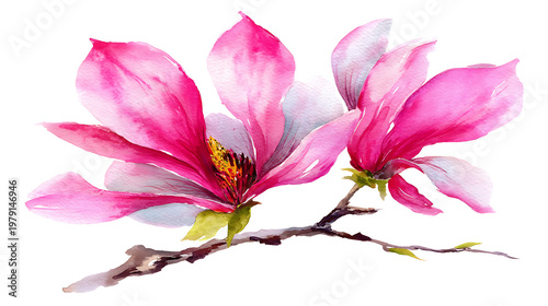 Two pink flowers are on a branch