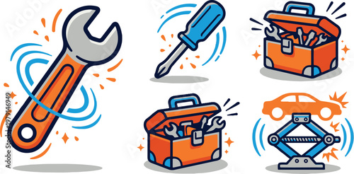 Auto Repair Tools and Car Maintenance Service Icons Set
