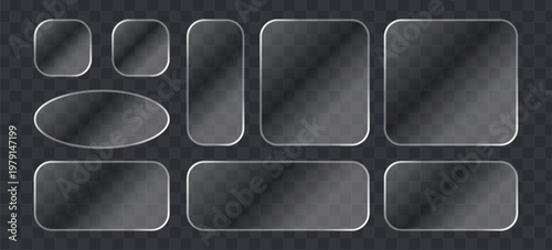 Set of glassmorphism style frames, frosted glass plates with rounded corners, transparent ui elements, glossy banners for web design, vector illustration