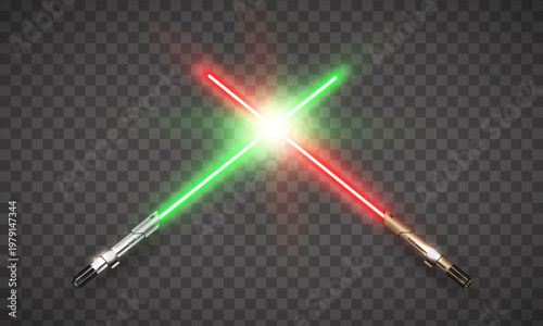 New realistic design red and green neon crossed swords isolated on transparent background. Vector illustration