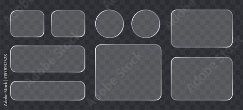 Set of glassmorphism style buttons and frames transparent frosted glass plates with soft edges, ui elements for web design, mobile apps and digital interfaces