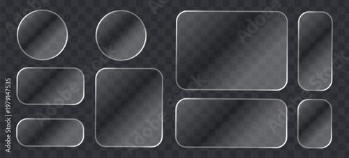 Set of glassmorphism buttons and frames, frosted glass ui elements with rounded corners, transparent glossy shapes for web design, vector illustration