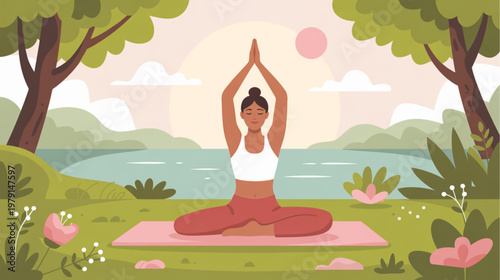 yoga, outdoor, woman, meditation, nature, serene, peaceful, green, park, vector illustration