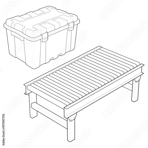 Isometric portable gravity roller conveyor and stackable rugged tote set linear drawing
