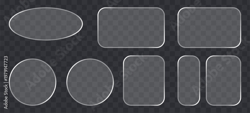 Set of glassmorphism style frames, transparent frosted glass plates with rounded corners, empty ui elements for web design, vector illustration