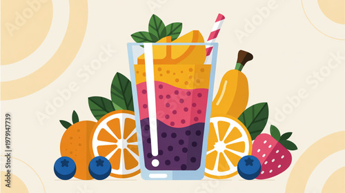 Fresh fruit smoothie, colorful drink, healthy beverage, summer illustration, vector graphics