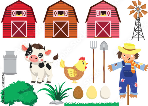 Farmer elements farm house, scarecrow, cow, hen, and windmill collection vector