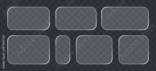 Set of glassmorphism style rectangular frames with rounded corners transparent frosted glass plates for ui design, buttons, banners, and web elements