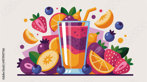 Fresh Fruit Smoothie, Colorful Juice, Healthy Drink, Vector Illustration
