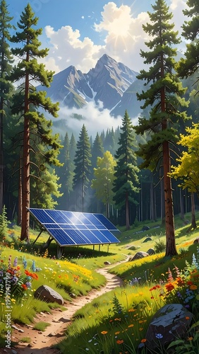 A serene forest landscape with solar panels and a mountain range