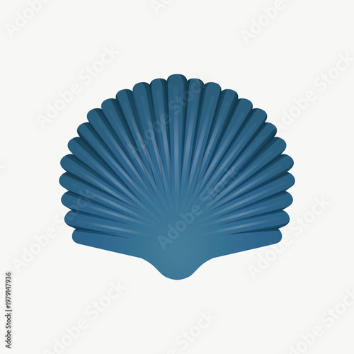 A clean, detailed vector illustration of a fan-shaped scallop seashell in deep blue. A minimalist marine graphic ideal for coastal branding, seafood logos, beach invitations, and nautical design